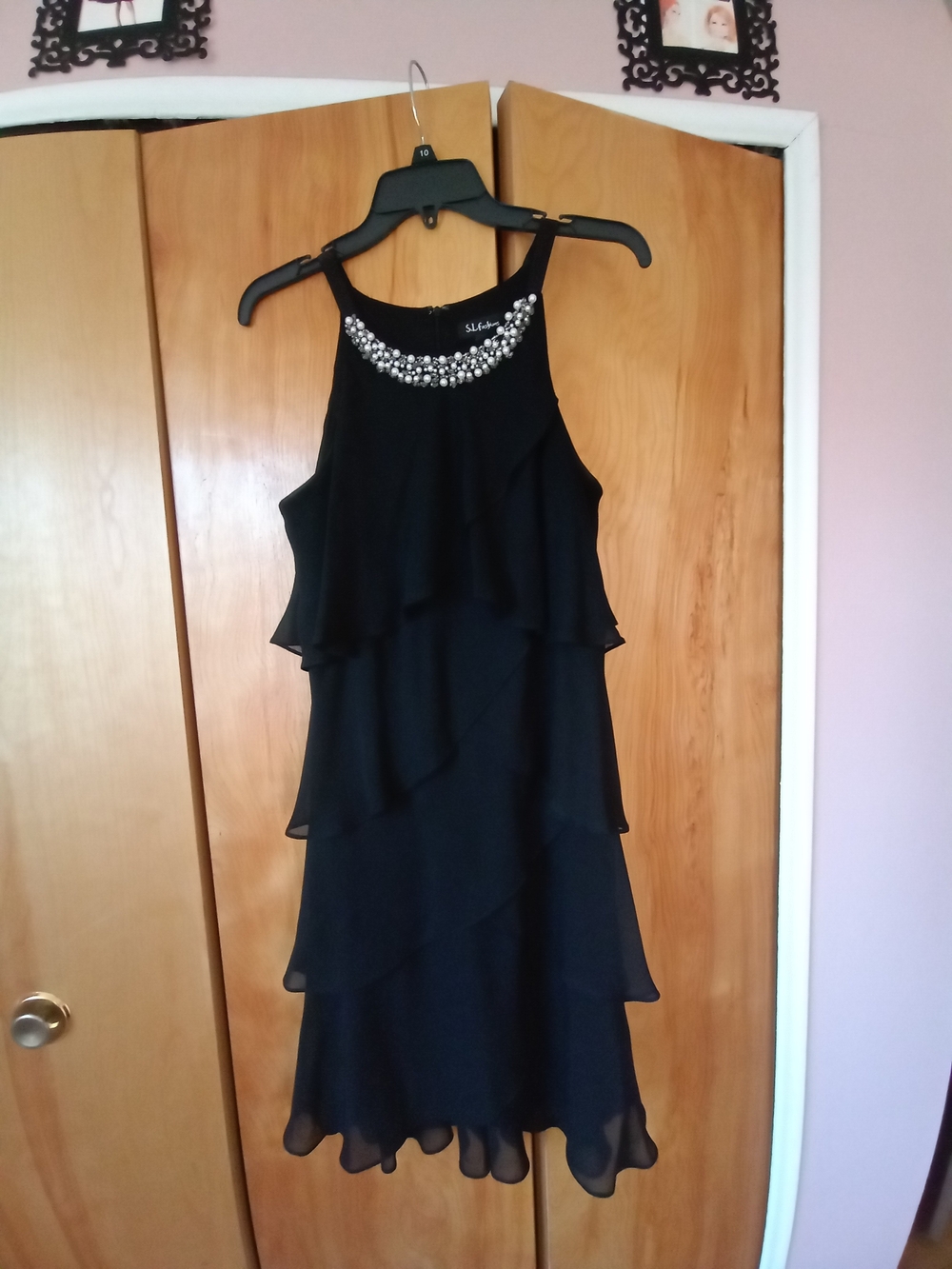 Sleeveless Black Tiered Chiffon Dress with Beaded Neckline